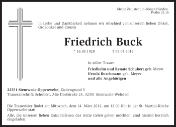 Traueranzeige von Friedrich Buck von KREISZEITUNG SYKE