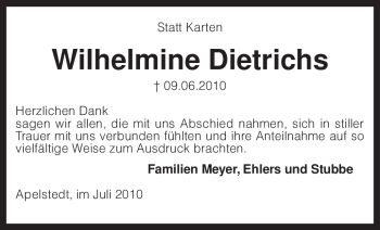 Traueranzeige von Wilhelmine Dietrichs von KREISZEITUNG SYKE