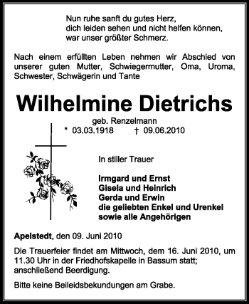 Traueranzeige von Wilhelmine Dietrichs von KREISZEITUNG SYKE