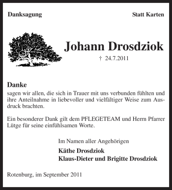 Traueranzeige von Johann Drosdziak von KREISZEITUNG SYKE