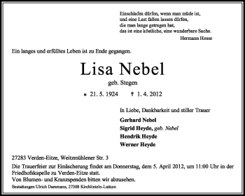 Traueranzeige von Lisa Nebel von KREISZEITUNG SYKE