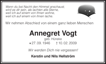 Traueranzeige von Annegret Vogt von KREISZEITUNG SYKE