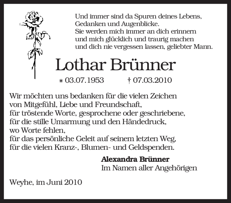  Traueranzeige für Lothar Brünner vom 12.06.2010 aus KREISZEITUNG SYKE