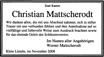 Traueranzeige von Christian Mattscherodt von KREISZEITUNG SYKE