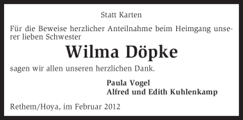 Traueranzeige von Wilma Döpke von KREISZEITUNG SYKE