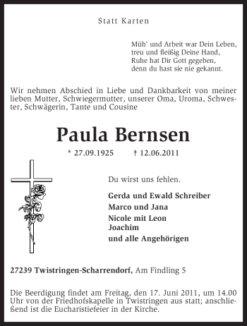 Traueranzeige von Paula Bernsen von KREISZEITUNG SYKE