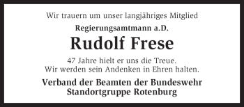 Traueranzeige von Rudolf Frese von KREISZEITUNG SYKE