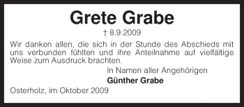 Traueranzeige von Grete Grabe von KREISZEITUNG SYKE