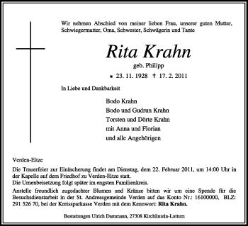 Traueranzeige von Rita Krahn von KREISZEITUNG SYKE