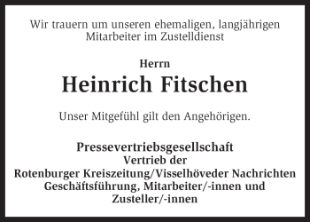 Traueranzeige von Heinrich Fitschen von KREISZEITUNG SYKE