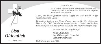 Traueranzeige von Lisa Ohlendiek von KREISZEITUNG SYKE