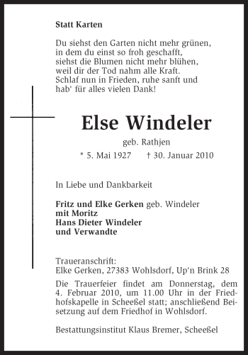 Traueranzeige von Else Windeler von KREISZEITUNG SYKE