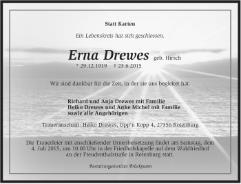 Traueranzeige von Erna Drewes von KRZ
