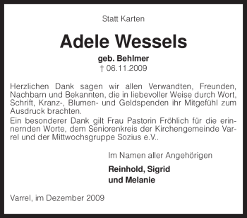 Traueranzeige von Adele Wessels von KREISZEITUNG SYKE