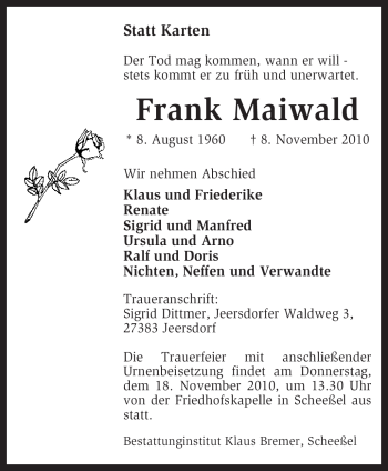 Traueranzeige von Frank Maiwald von KREISZEITUNG SYKE