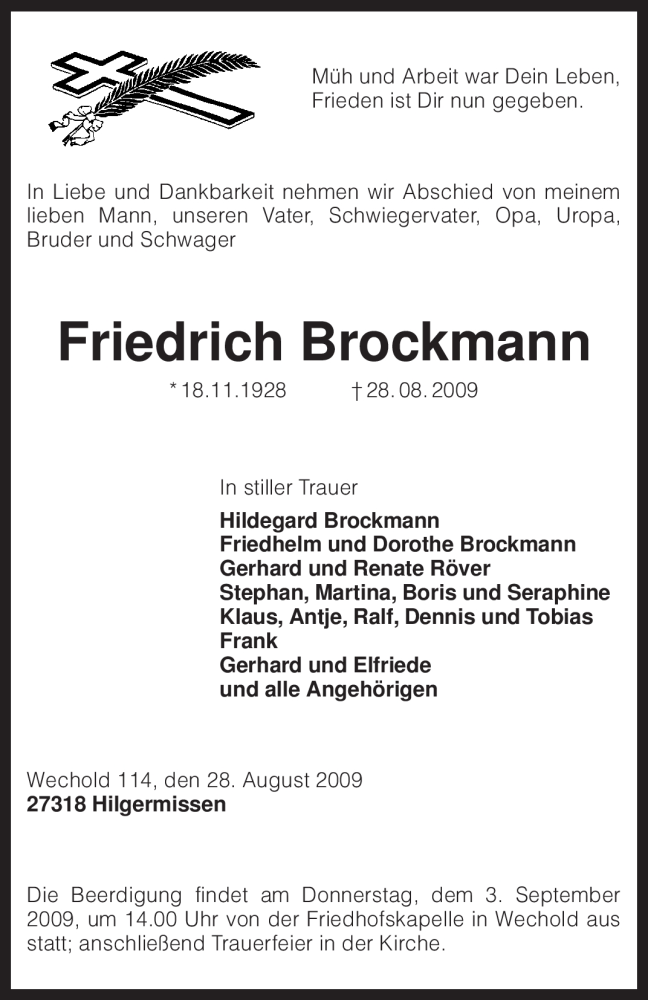  Traueranzeige für Friedrich Brockmann vom 31.08.2009 aus KREISZEITUNG SYKE