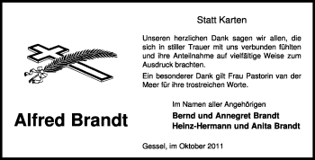 Traueranzeige von Alfred Brandt von KREISZEITUNG SYKE