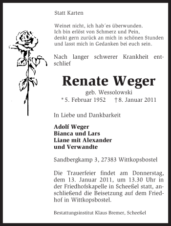 Traueranzeige von Renate Weger von KREISZEITUNG SYKE