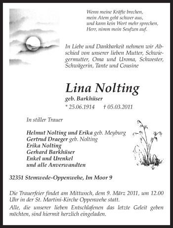 Traueranzeige von Lina Nolting von KREISZEITUNG SYKE