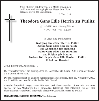 Traueranzeige von Theodora Gans zu Putlitz von KREISZEITUNG SYKE