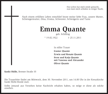 Traueranzeige von Emma Quante von KREISZEITUNG SYKE