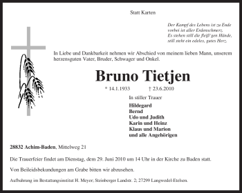 Traueranzeige von Bruno Tietjen von KREISZEITUNG SYKE
