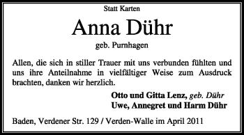Traueranzeige von Anna Dühr von KREISZEITUNG SYKE