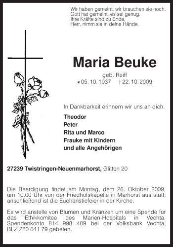 Traueranzeige von Maria Beuke von KREISZEITUNG SYKE