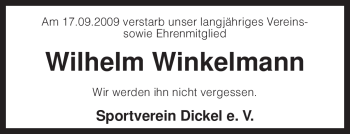 Traueranzeige von Wilhelm Winkelmann von KREISZEITUNG SYKE