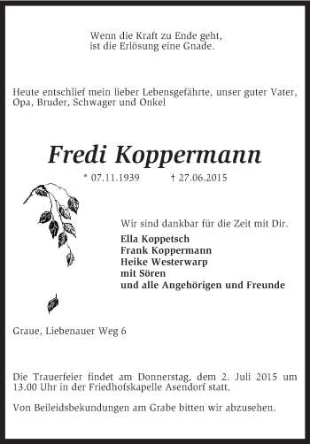 Traueranzeige von Fredi Koppermann von KRZ