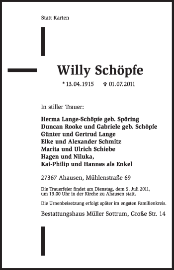 Traueranzeige von Willy Schöpfe von KREISZEITUNG SYKE