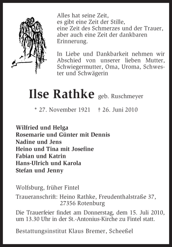Traueranzeige von Ilse Rathke von KREISZEITUNG SYKE