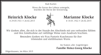 Traueranzeige von Heinrich und Marianne Klocke von KRZ