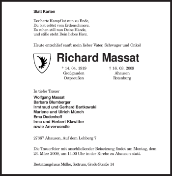 Traueranzeige von Richard Massat von KREISZEITUNG SYKE