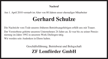 Traueranzeige von Gerhard Schulze von KREISZEITUNG SYKE