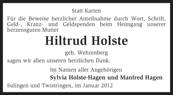 Traueranzeige von Hiltrud Holste von KREISZEITUNG SYKE