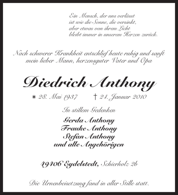 Traueranzeige von Diedrich Anthony von KREISZEITUNG SYKE