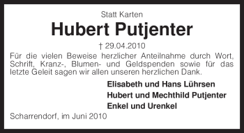 Traueranzeige von Hubert Putjenter von KREISZEITUNG SYKE