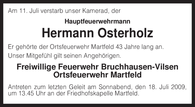  Traueranzeige für Hermann Osterholz vom 15.07.2009 aus KREISZEITUNG SYKE