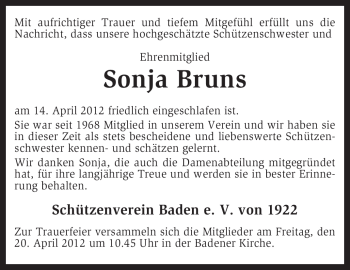 Traueranzeige von Sonja Bruns von KREISZEITUNG SYKE