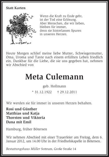 Traueranzeige von Meta Culemann von KREISZEITUNG SYKE