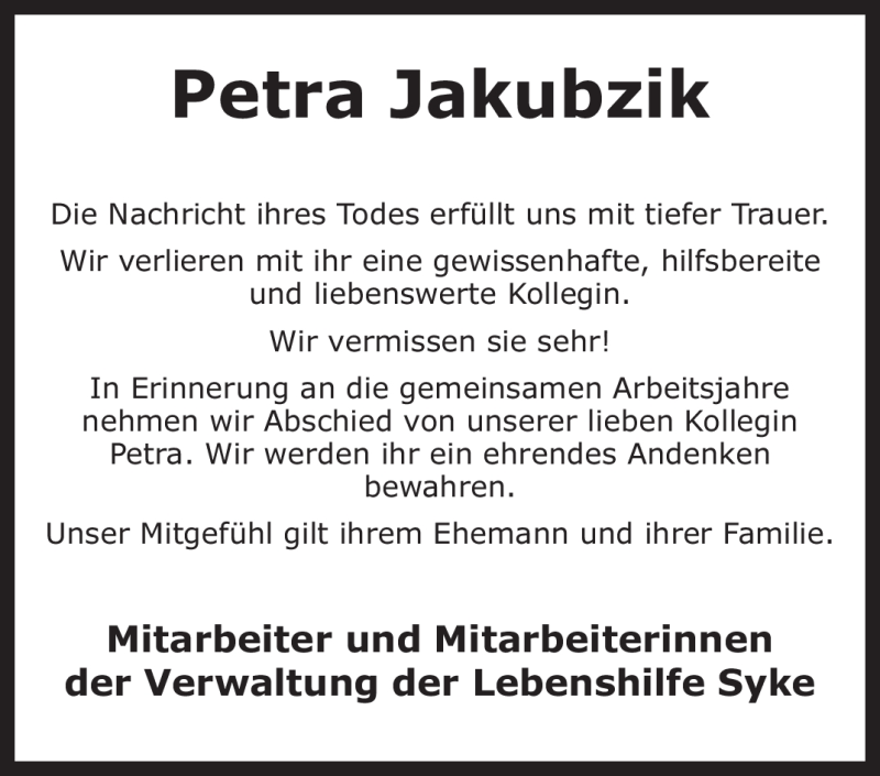  Traueranzeige für Petra Jakubzik vom 20.03.2010 aus KREISZEITUNG SYKE