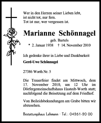 Traueranzeige von Marianne Schönnagel von KREISZEITUNG SYKE