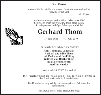 Traueranzeige von Gerhard Thom von KREISZEITUNG SYKE