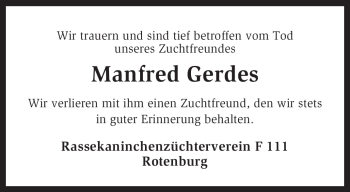 Traueranzeige von Manfred Gerdes von KREISZEITUNG SYKE