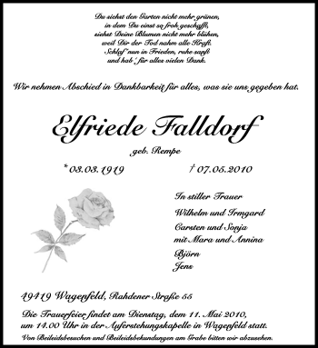 Traueranzeige von Elfriede Falldorf von KREISZEITUNG SYKE