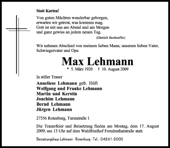 Traueranzeige von Max Lehmann von KREISZEITUNG SYKE