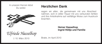 Traueranzeige von Elfriede Hasselhop von KREISZEITUNG SYKE