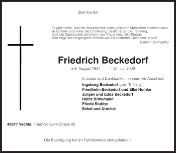 Traueranzeige von Friedrich Beckedorf von KREISZEITUNG SYKE