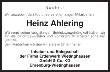 Traueranzeige von Heinz Ahlering von KREISZEITUNG SYKE